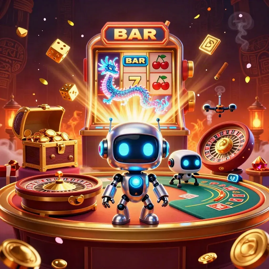 Cyberpunk robot, holographic dragon, and coin drone in a glowing luxury casino burst.