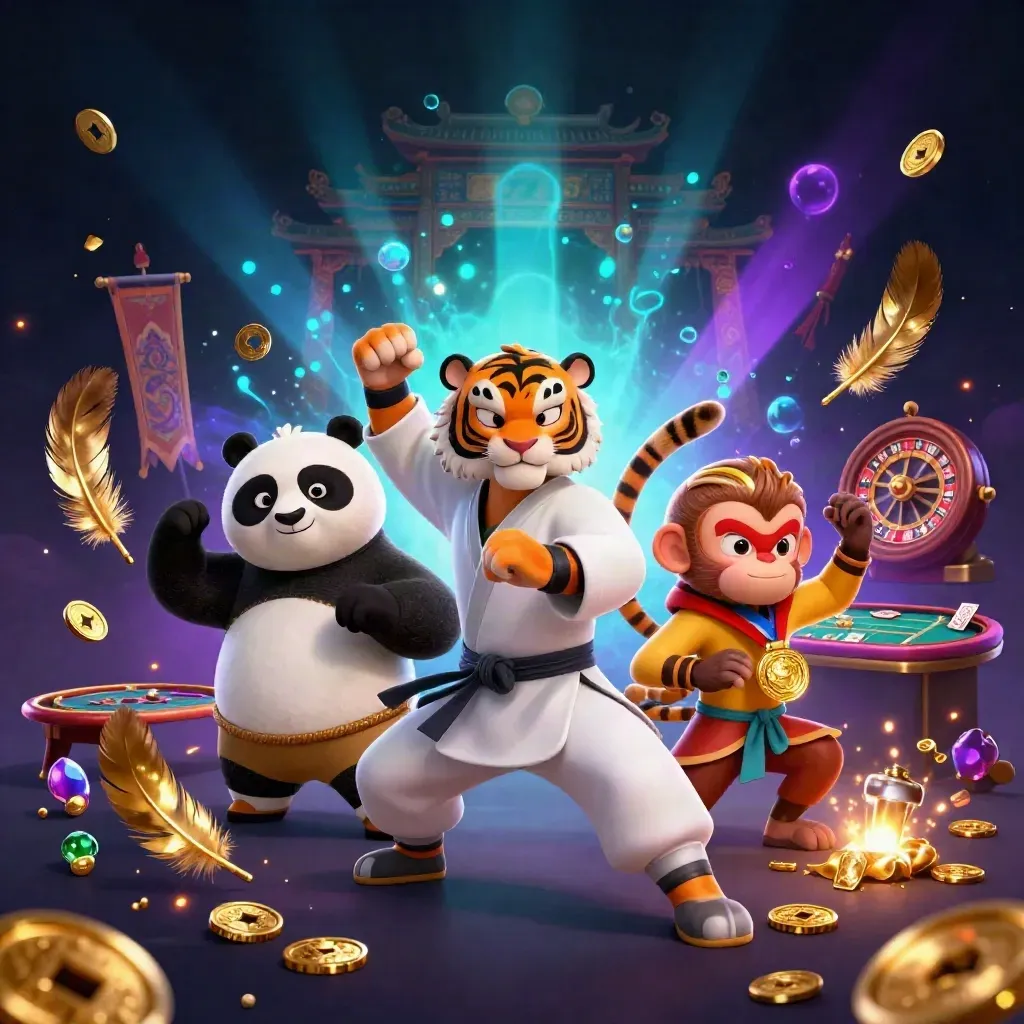 Tiger, panda, and monkey in a luxe fantasy hall with glowing coins and cinematic light