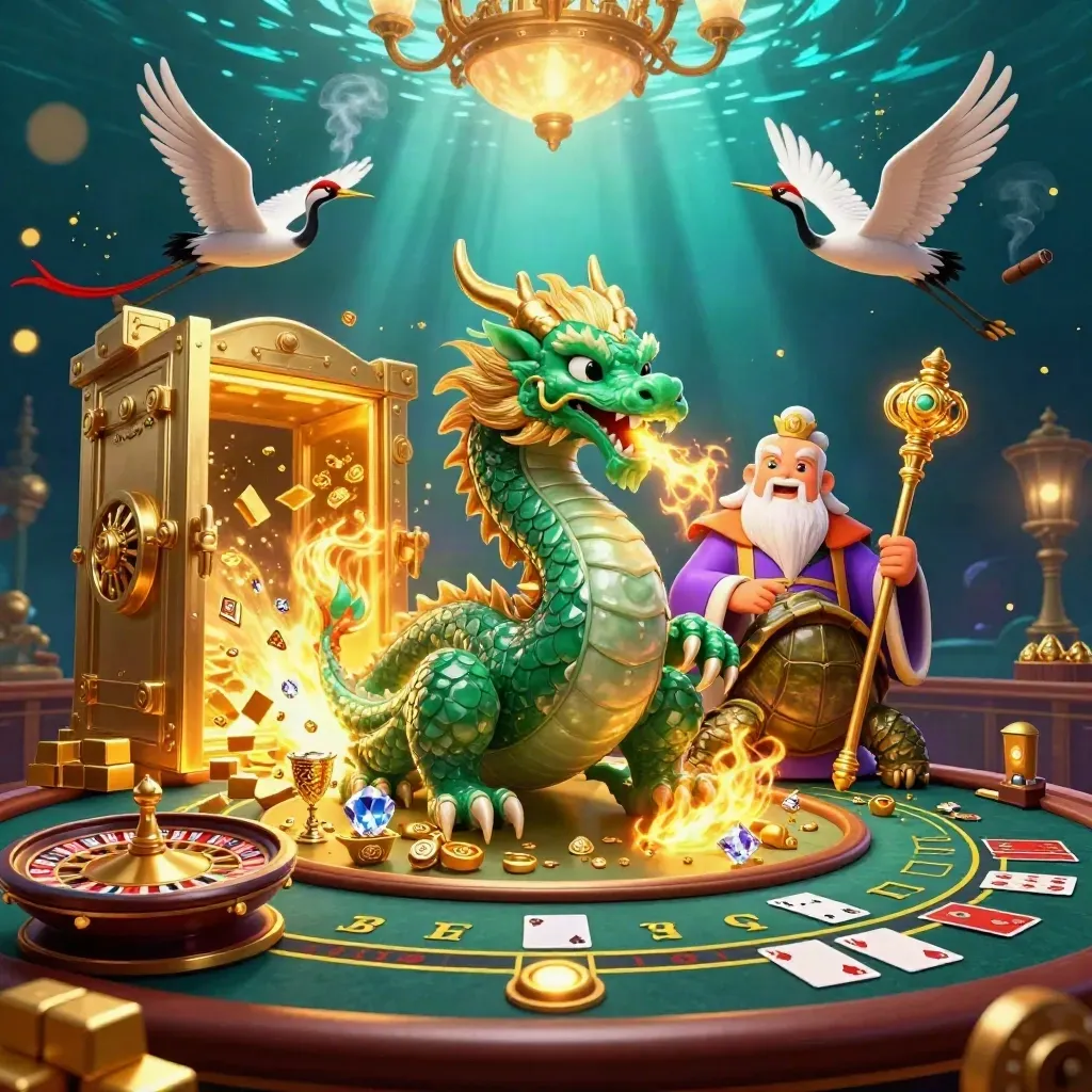 Dragon, turtle sage, and cranes in a luxe casino scene with gold, gems, and magical light.
