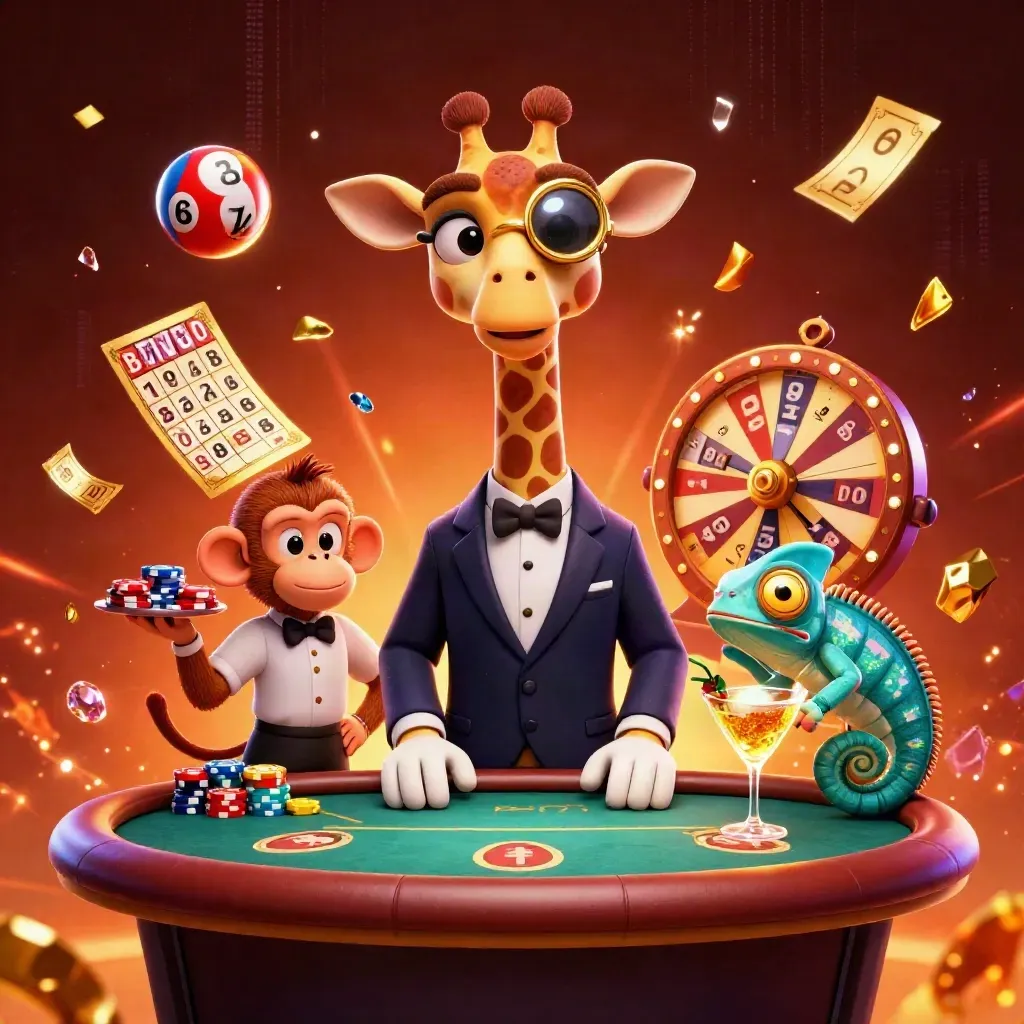 Giraffe, monkey valet, and chameleon bartender in a neon casino fantasy burst with gold and gems.