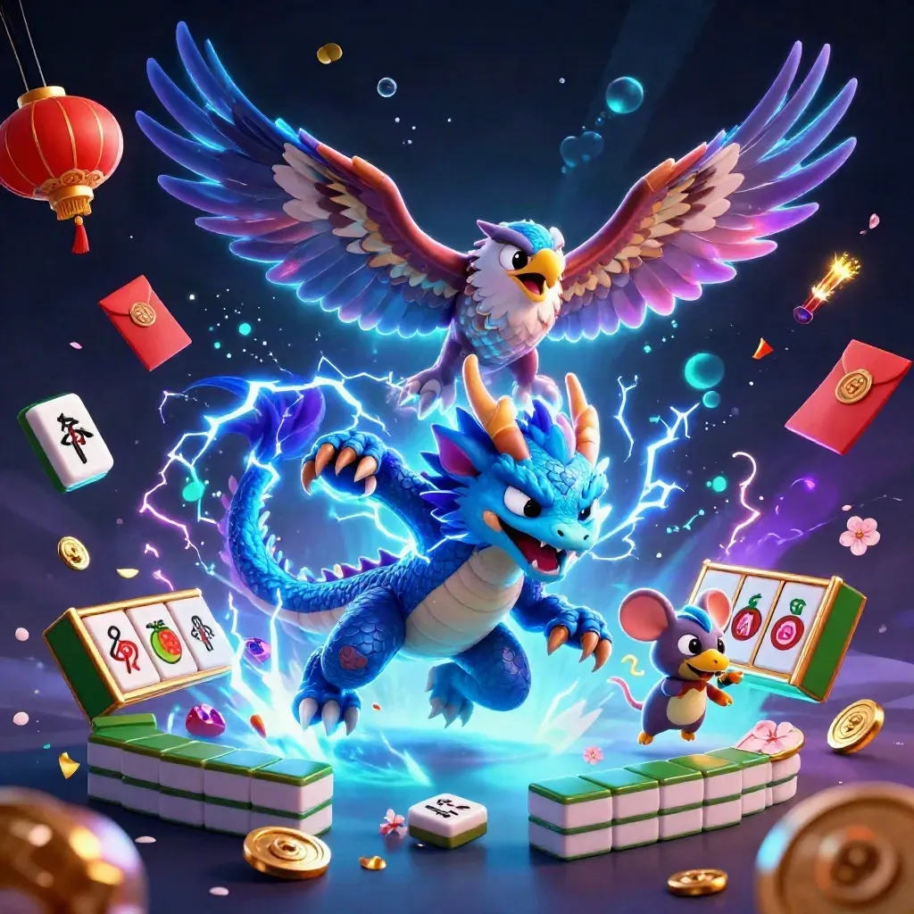 Thunder dragon, hawk, and mouse amid treasure, coins, lanterns, and lightning in a premium casino fantasy scene.