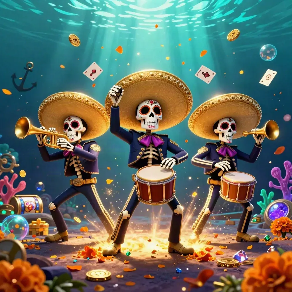 Skeleton mariachi trio in an underwater treasure cove with glowing coral, coins, and casino debris