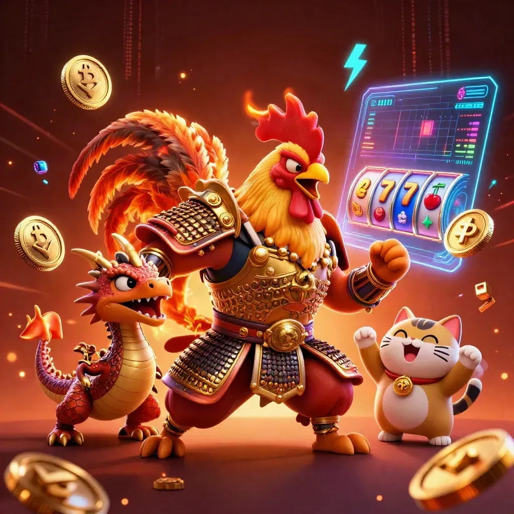Rooster samurai, spark-breathing dragon hatchling and cheering fortune-cat amid glowing casino coins.