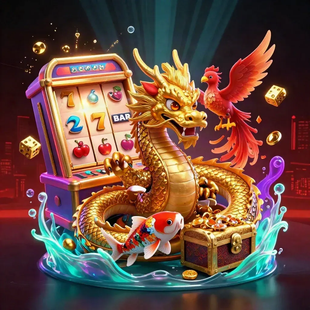 Golden dragon, phoenix, koi and bursting casino treasure in cinematic neon fantasy art.
