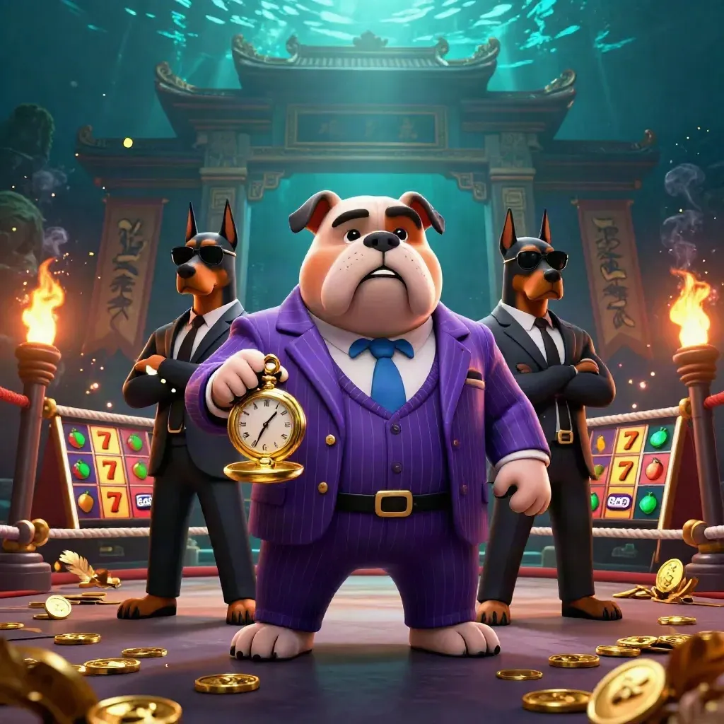 Bulldog boss and two Dobermans amid casino relics, coins, torches, and violet sparks.