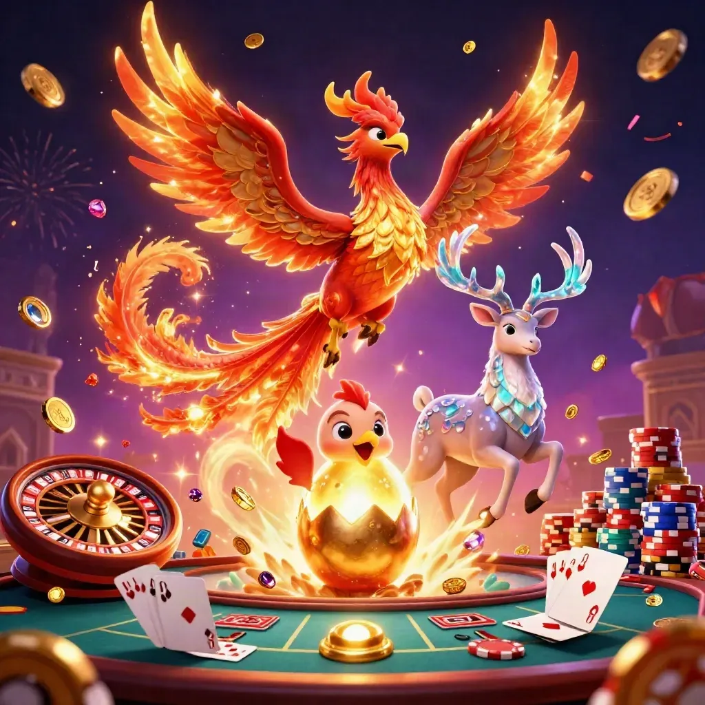 Phoenix, hatchling, and stag amid coins, chips, cards, and fireworks