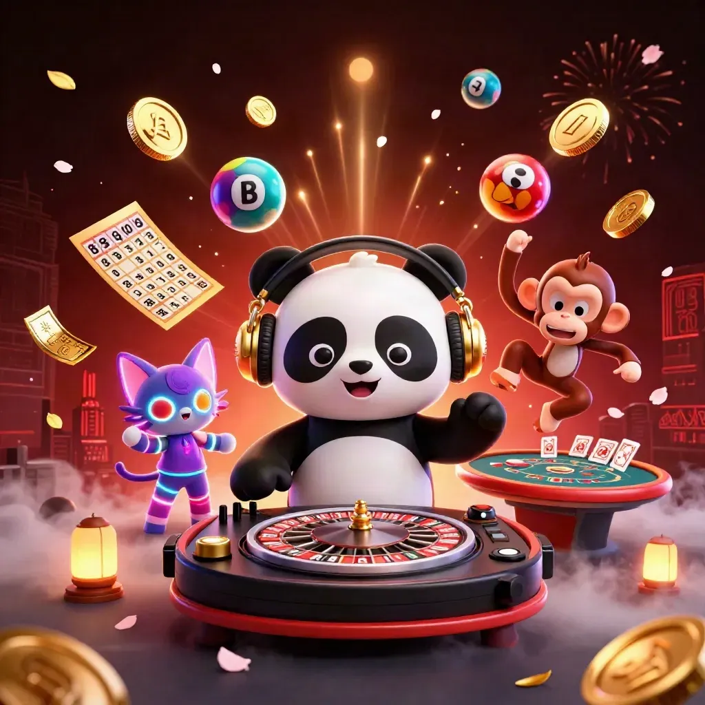 Panda DJ, dancing monkey, and rave kitten amid coins, fireworks, and casino loot.