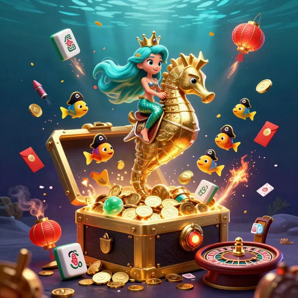 Mermaid princess on golden seahorse amid coins, lanterns, fish, fireworks, and treasure vault glow