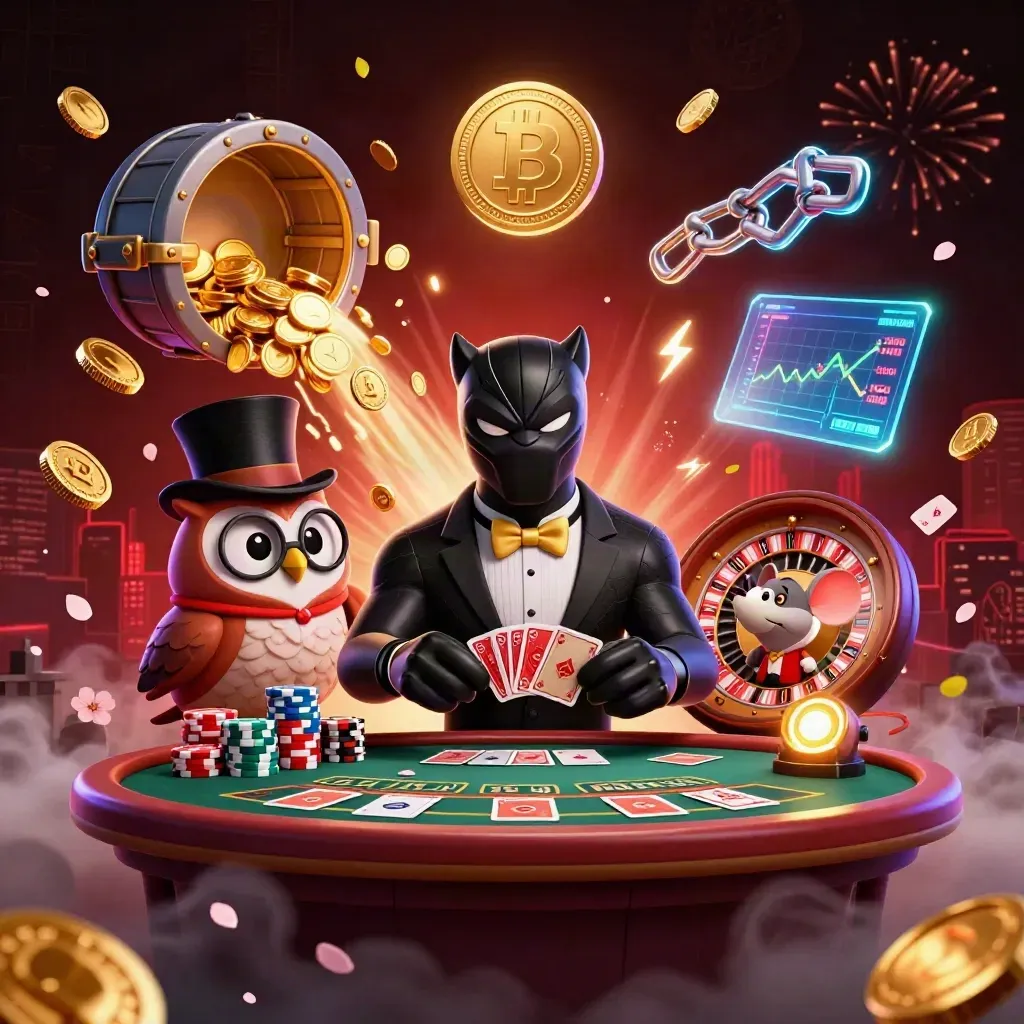 Panther, owl, and mouse deal glowing casino cards amid coins, runes, fireworks, and dark red glow.