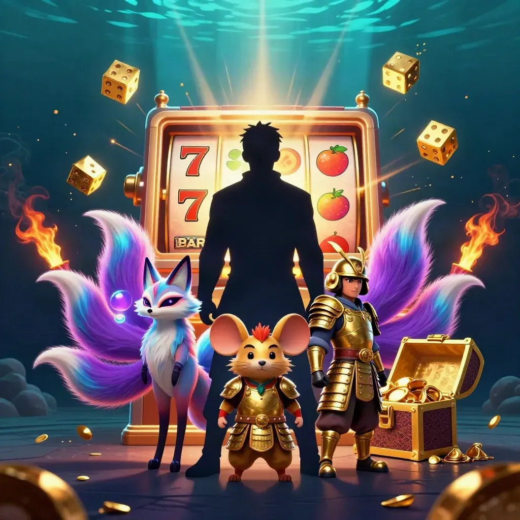 Fox spirit, mouse samurai, slot machine bursts, gold, dice, orbs, underwater glow