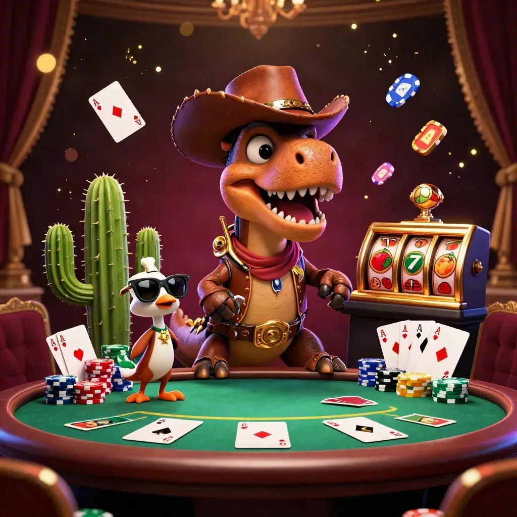 Cowboy T-Rex, cactus sidekick, and roadrunner amid casino cards, chips, reels, and gold light