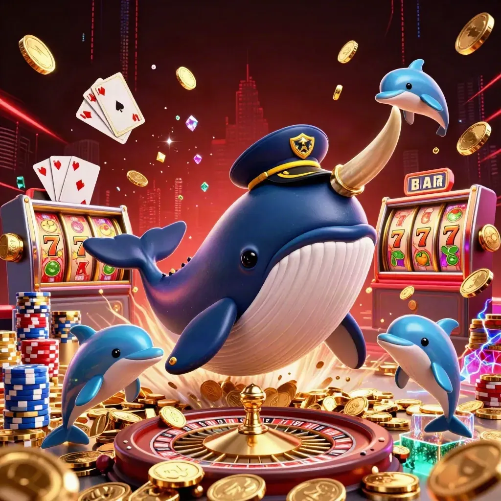 Captain whale and narwhal breaching through coins, chips, cards and neon casino energy.