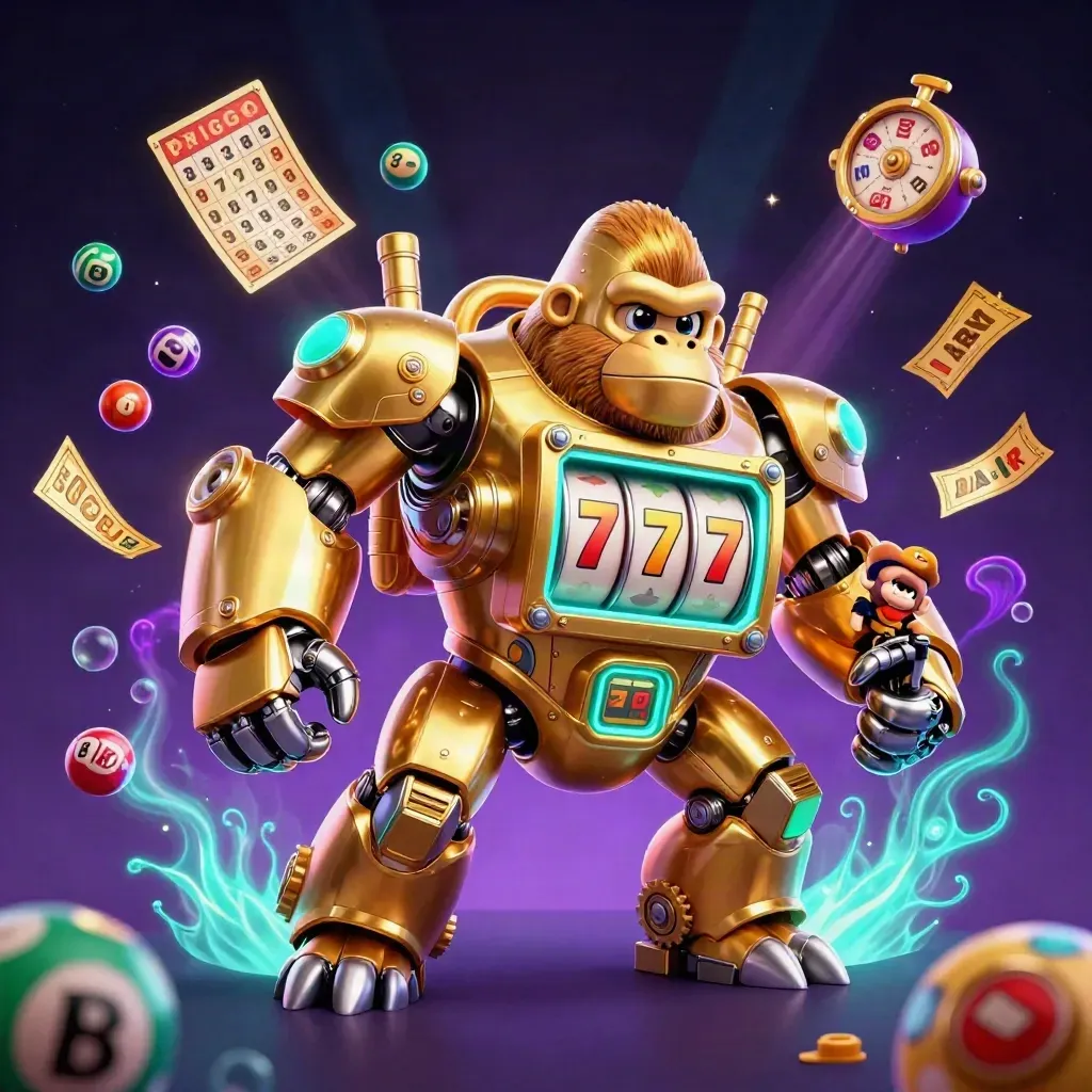 Golden gorilla slot-mech with monkey pilot amid reels, lottery balls, and a prize wheel.