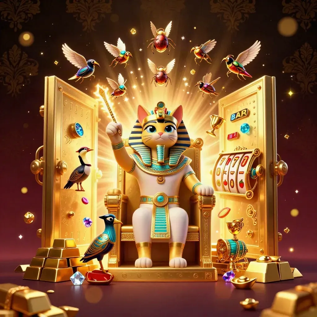 Pharaoh cat, ibis scribe, and gem-winged scarabs amid gold vault riches and casino reels
