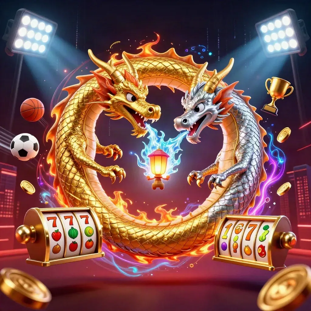 Gold and silver dragons spiral with a lantern spirit amid casino sports icons and neon energy.