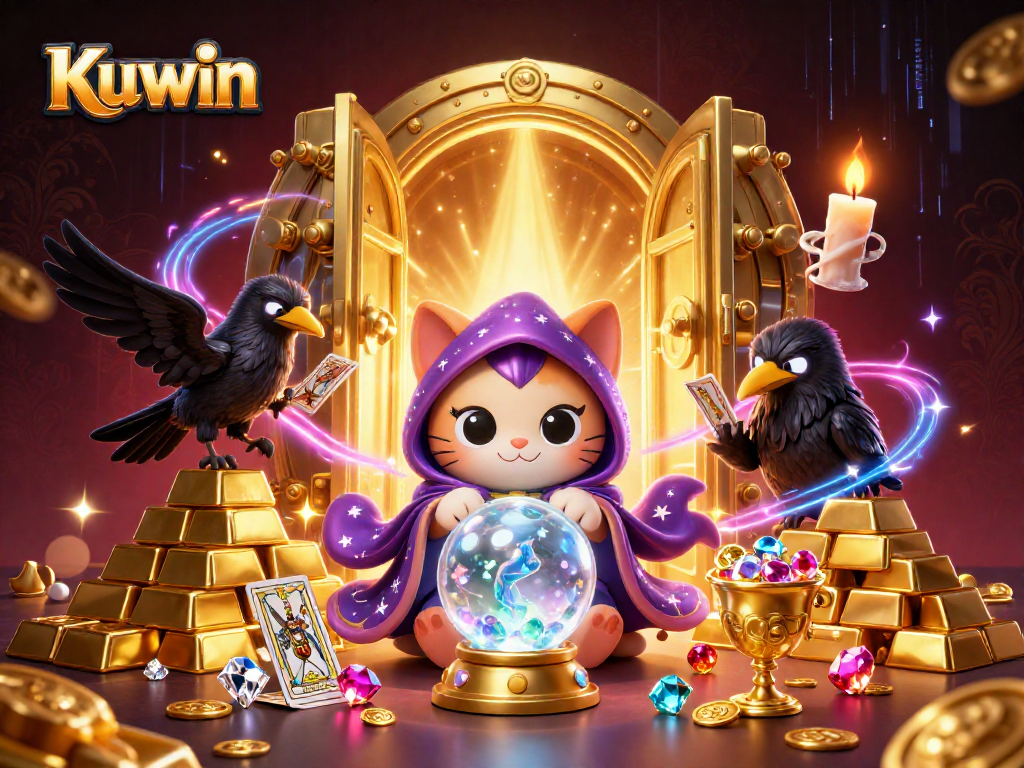 Kuwin's mystic cat and raven conjure visions of fortune amidst gold and jewels in a vibrant casino scene.