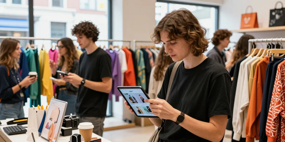 Shopping scene featuring go8 app with fashion recommendations in vibrant urban market