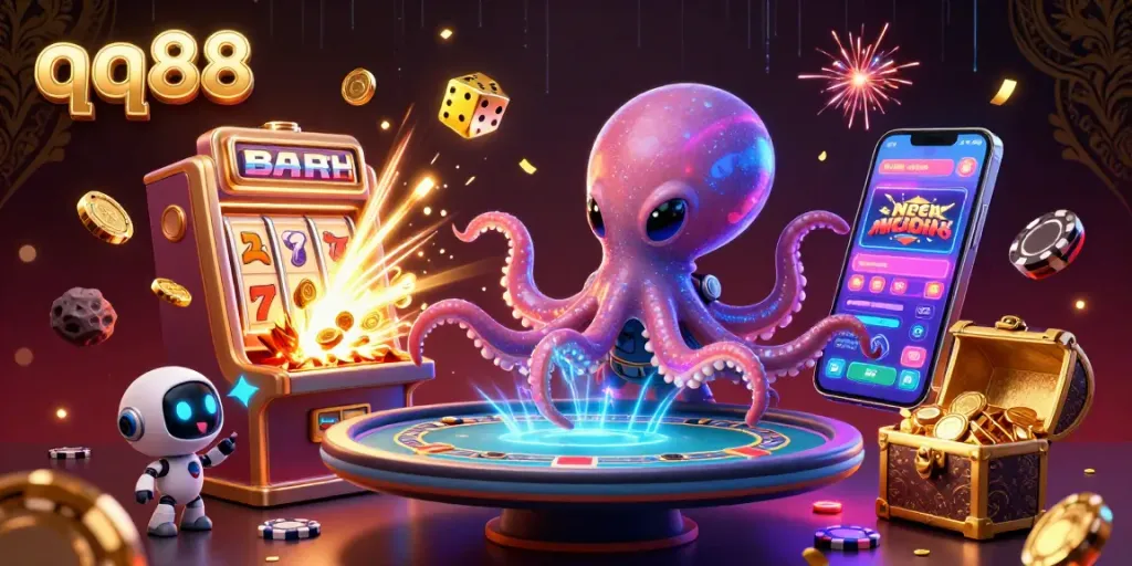 Play thrilling games at qq88, illustrated with a vibrant alien octopus managing a holographic poker table.