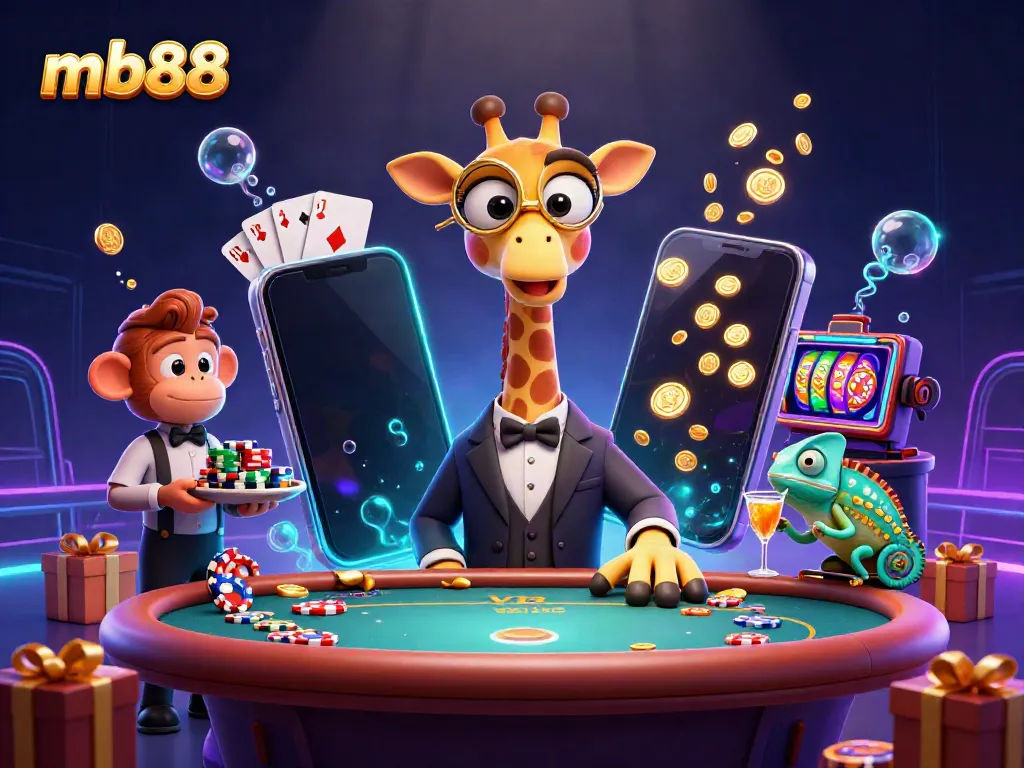 Experience luxury gaming with mb88 at a vibrant VIP casino scene featuring a high-roller giraffe and dynamic game elements.