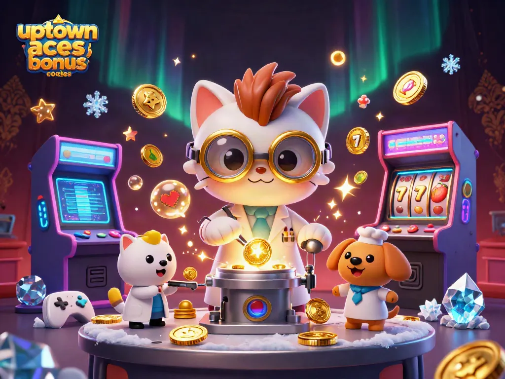 Unlock exciting offers using uptown aces bonus codes with a mad scientist cat and dog in a casino-themed lab