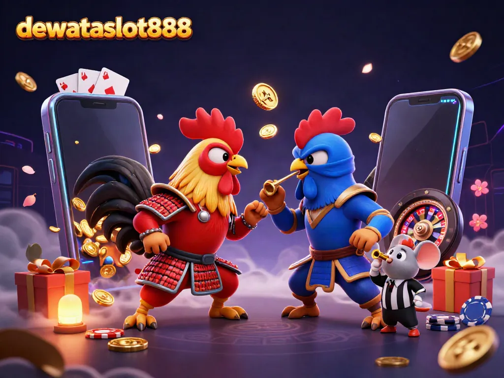 Permainan capsa susun di DEWATASLOT888 dengan ayam bertarung, ponsel slot, dan koin emas melimpah.