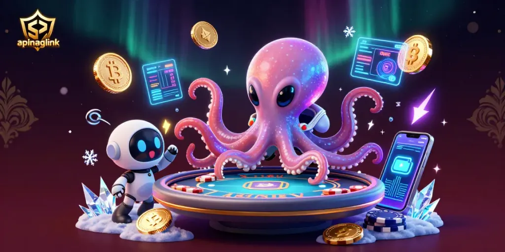 Engage with apinagalink's thrilling holographic poker table scene featuring alien characters and crypto coins.