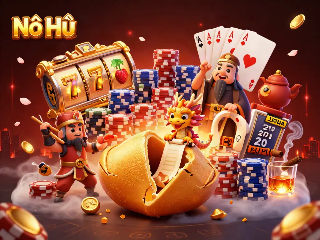 Nổ Hũ's vibrant 3D scene showcases thrilling slots, fortune cookie, and dynamic gaming elements, merging casino excitement.