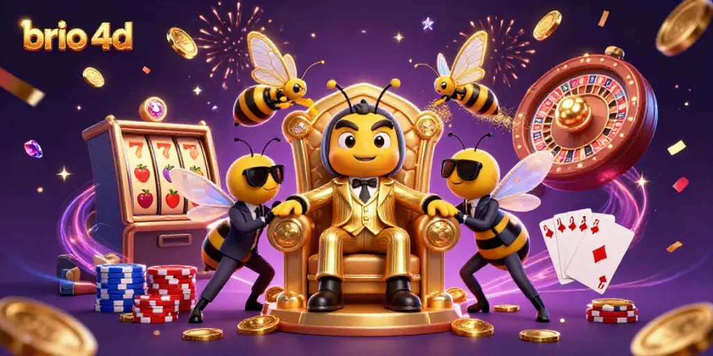 Spin to win with brio 4d, featuring a grand 3D casino scene packed with vibrant slot reels and dazzling gold coins.