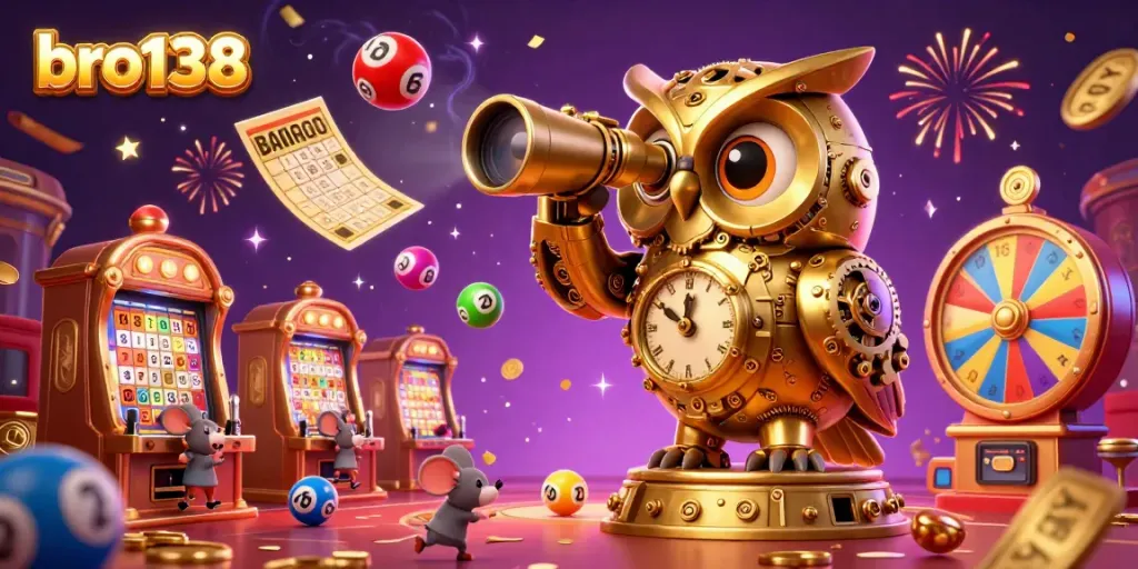 Engage with bro138's thrilling casino atmosphere surrounded by an energetic owl and vibrant game elements.