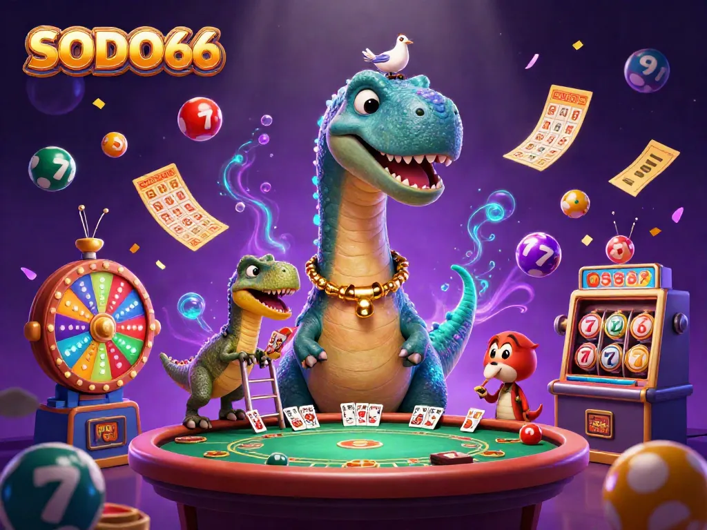 SODO66 showcases a vibrant casino scene with a giant dinosaur dealing cards amid colorful gambling elements