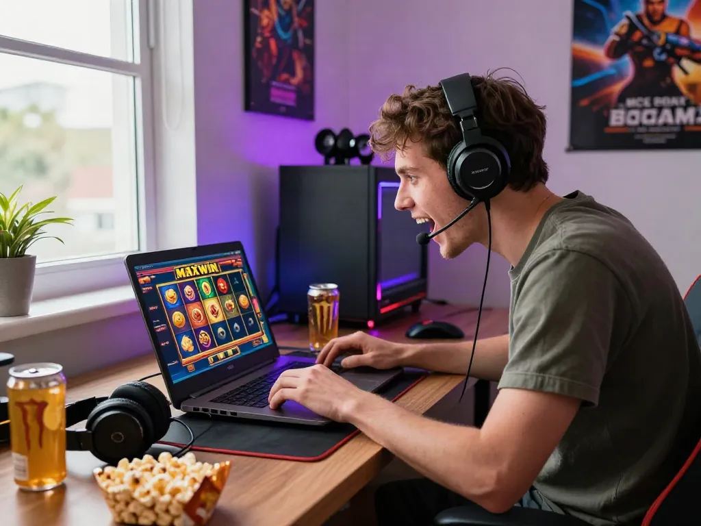 Enthusiast engaged in slot maxwin gaming at modern home workspace, showcasing immersive setup and vibrant atmosphere.