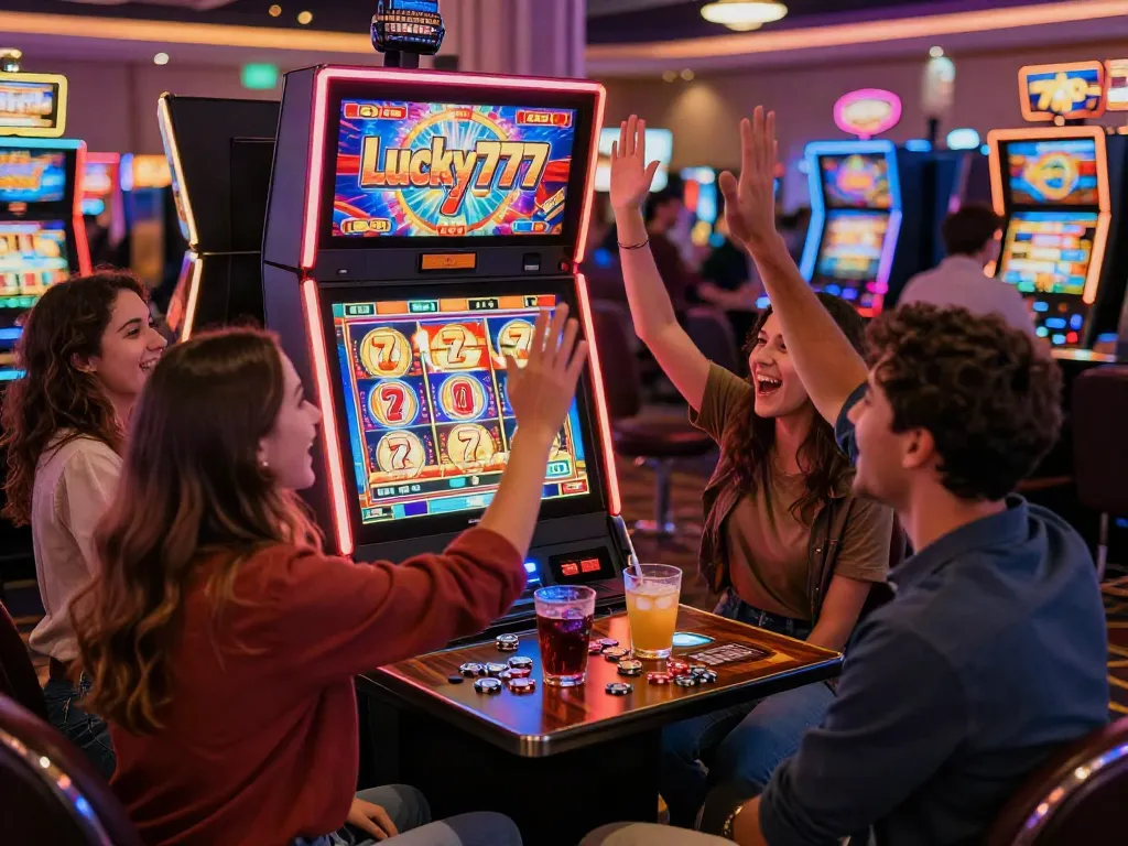 Excited group celebrating a win at a Lucky777 slot machine in a vibrant casino.