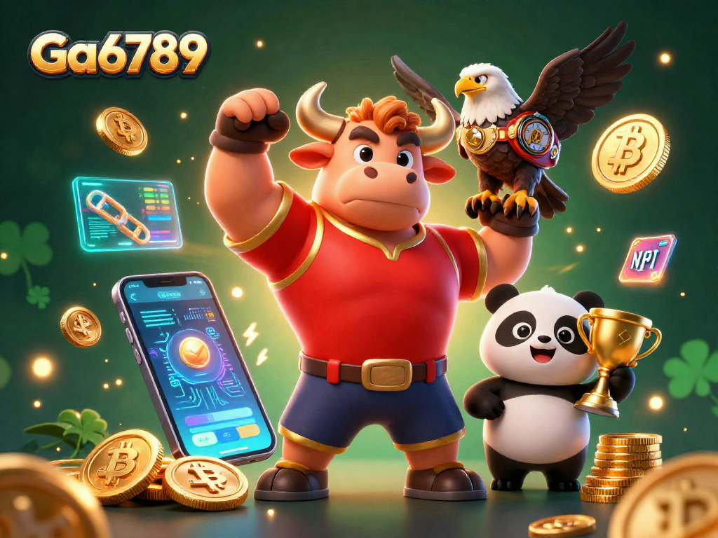 Capture the excitement at Ga6789 with a lively 3D casino scene featuring a dynamic bull mascot, eagle, and panda.