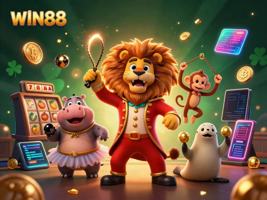 Experience WIN88 with lively characters and dynamic casino elements in this colorful illustration.