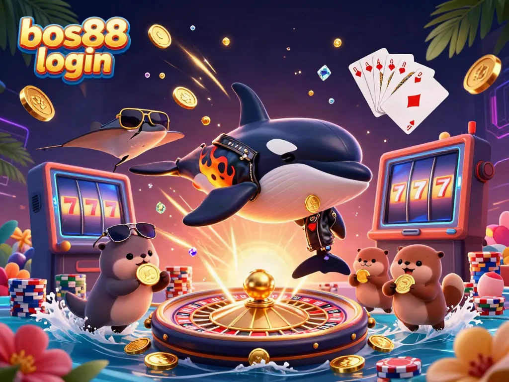 Engage with bos88 login in a vibrant 3D casino scene featuring lively characters and gambling elements.