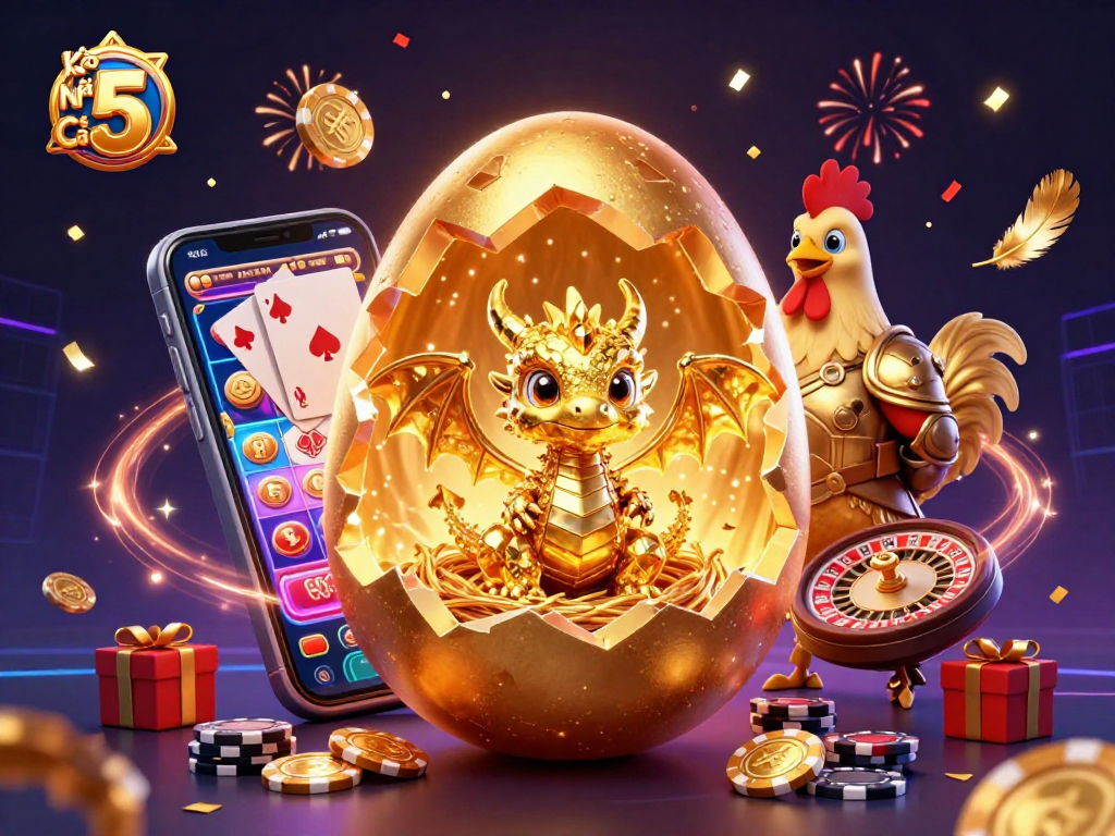 Experience thrilling moments of Kèo Nhà Cái 5 with a vivid scene of a golden dragon amidst exciting gambling elements.