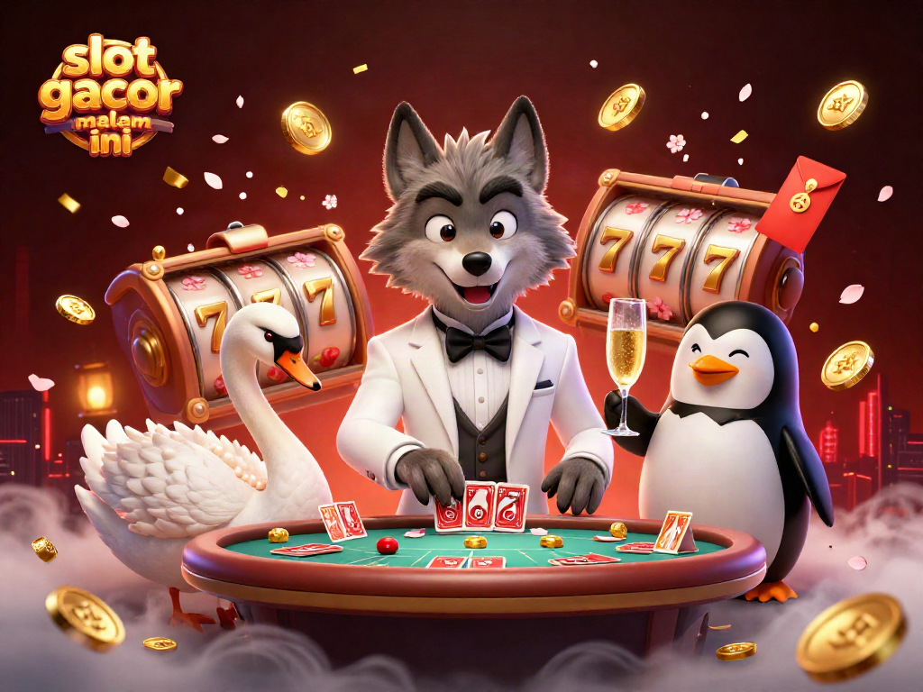 Slot gacor malam ini, simbol keberuntungan dan kasino mengelilingi karakter animasi 3D yang menarik.
