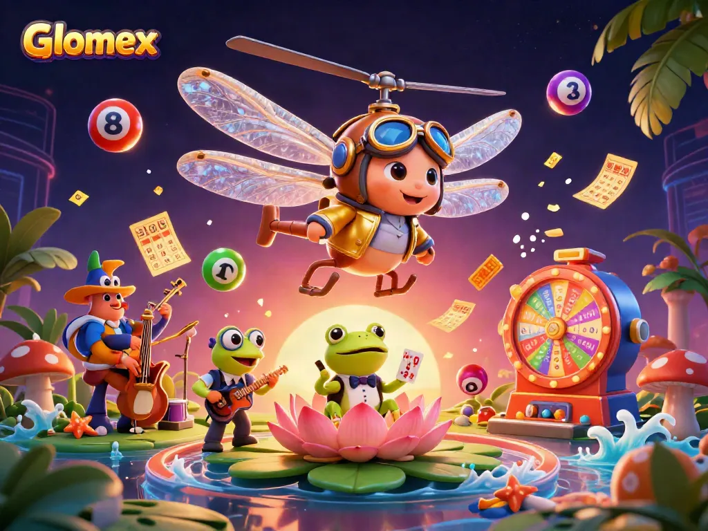 Glomex engages players with vibrant lottery elements and dynamic casino action in a colorful scene.