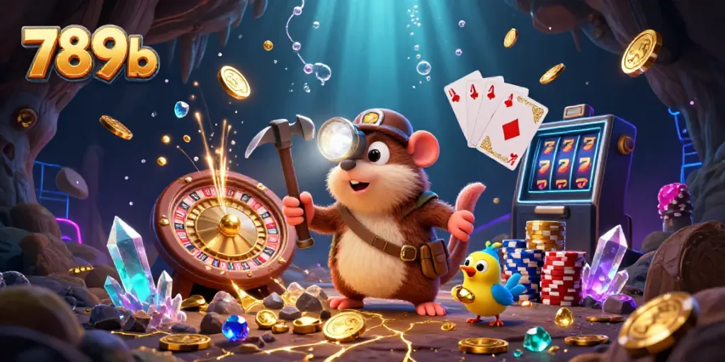 Experience excitement with the treasure hunter mole in 789b's vibrant casino scene filled with gems and gold.