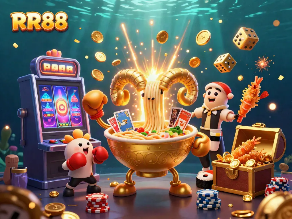 RR88 showcases an exciting casino scene with a golden ramen bowl and casino elements, creating a vibrant gaming experience.