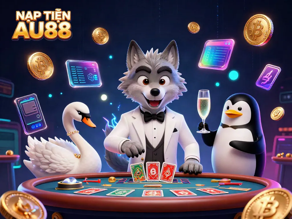 Engage with NẠP TIỀN AU88 in a vibrant casino scene with charming characters and neon elements.
