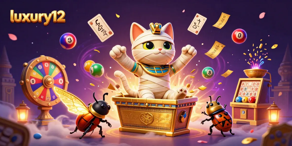 Join the excitement with luxury12 at the pyramid casino featuring a captivating Egyptian mummy cat and vibrant lottery elements.