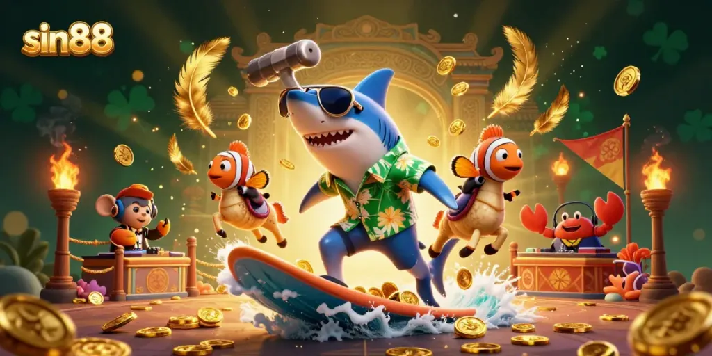 Experience thrilling adventures at sin88, with a shark surfing coins, enhancing online casino excitement.