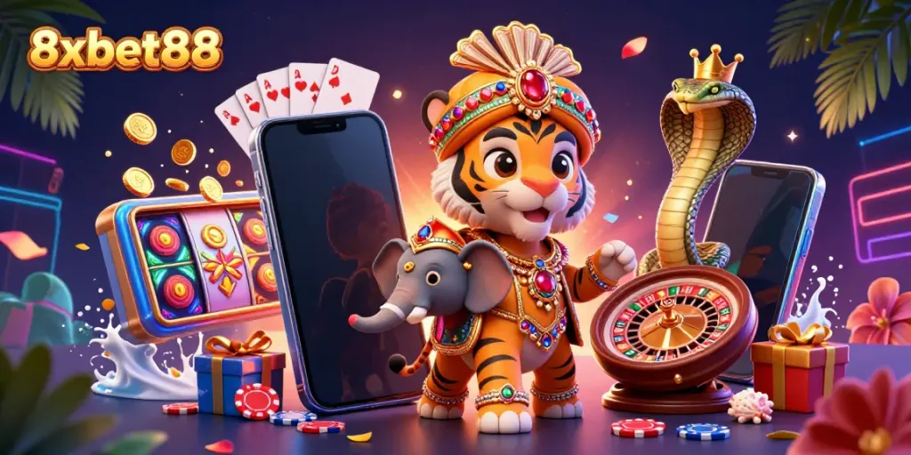 Engage in thrilling action at 8xbet88 with stunning slot games, surrounded by vibrant gambling elements.