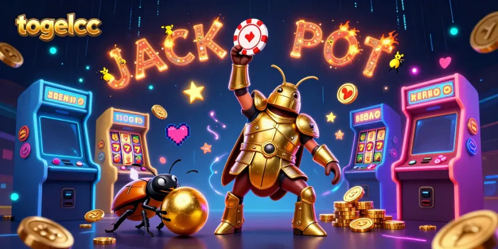 Experience the excitement of togelcc with a vibrant 3D illustration featuring a victory pose beetle and slot machines.