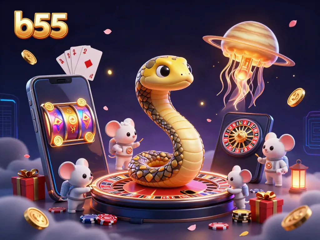 Experience b55 excitement with cosmic themed casino action in a 3D vibrant illustration.