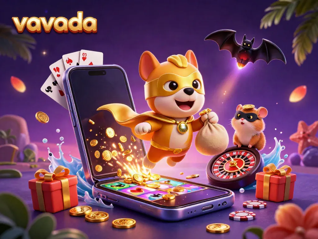 Experience the thrill of vavada with a superhero dog and hamster in a vibrant casino scene.