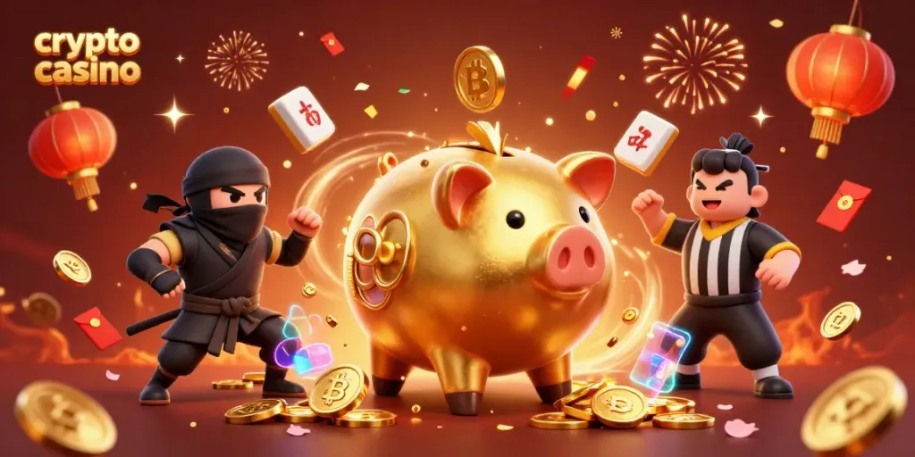 Experience vibrant energy at this crypto casino scene with gold coins, characters, and festive elements.