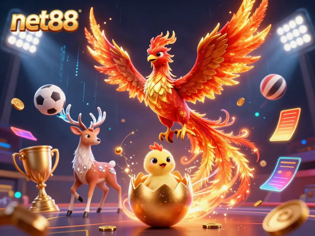 Experience the thrill of net88 with a 3D fiery phoenix and betting elements in a dynamic casino scene.