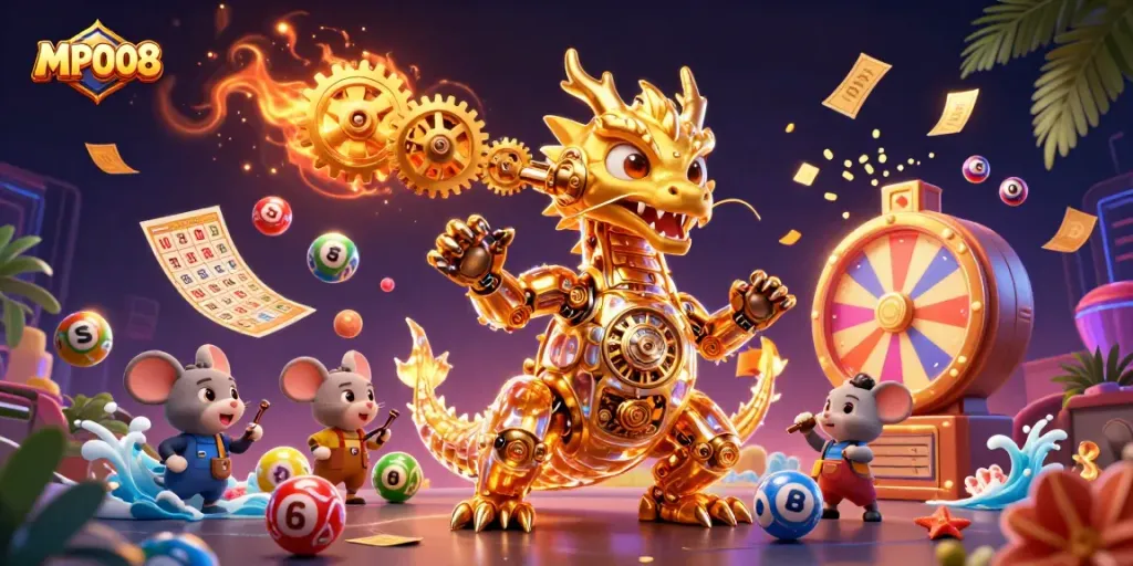Experience dynamic gameplay with MPO08 lottery balls and casino elements in a vivid 3D scene.